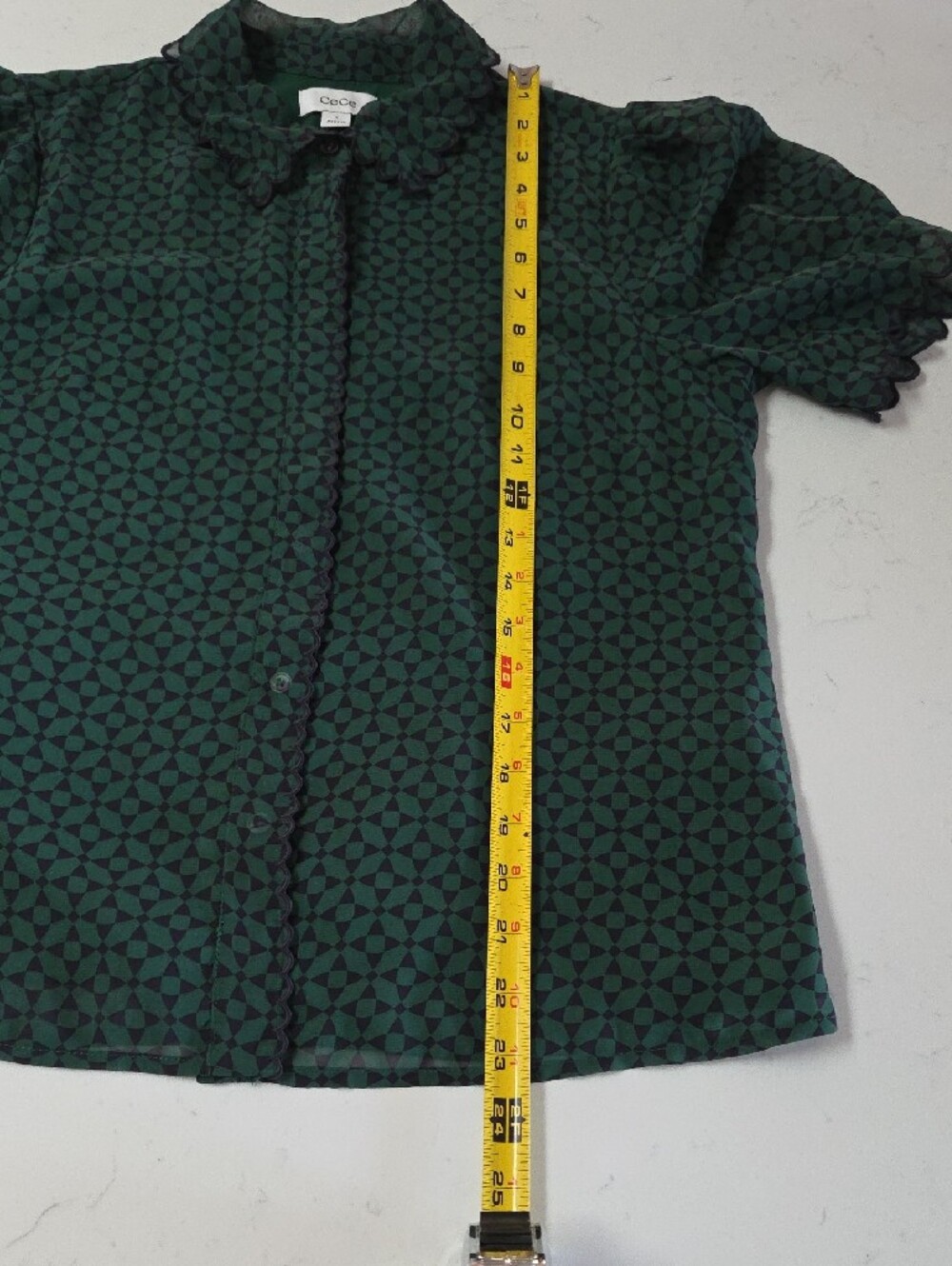 CeCe Teal and Navy Geometric Short-Sleeve Button Down Shirt - Picture 9 of 9
